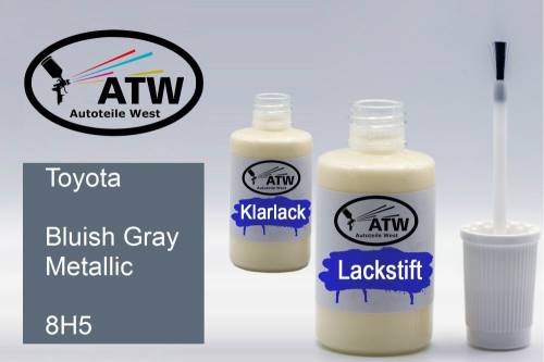 Toyota, Bluish Gray Metallic, 8H5: 20ml Lackstift + 20ml Klarlack - Set, von ATW Autoteile West.